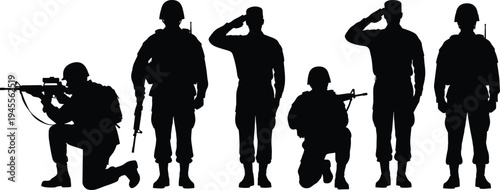 Military soldier silhouettes set with saluting standing and kneeling combat positions, armed army personnel black vector illustration isolated