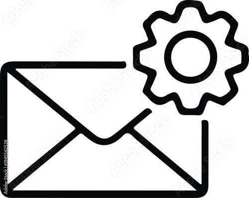 Email Settings Envelope Icon with Gear, Outline envelope icon with a gear symbol representing email settings, configuration options, mail system management, or communication preferences.