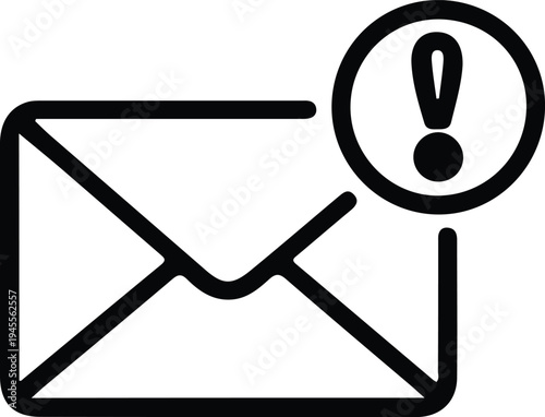 Email Alert Envelope Icon with Exclamation, Outline envelope icon with an exclamation badge representing email alert, urgent message warning, inbox issue notification, or important mail attention.