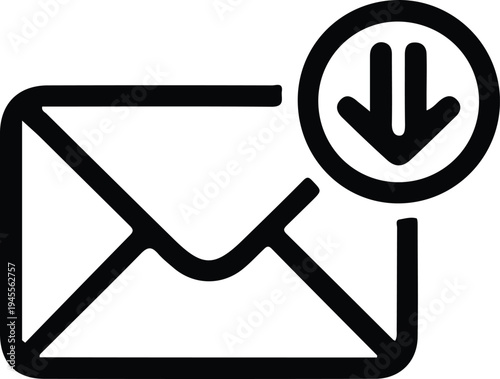 Download Email Envelope Icon with Arrow, Outline envelope icon with a downward arrow representing downloading email, receiving message, inbox delivery, or mail retrieval in digital communication apps.