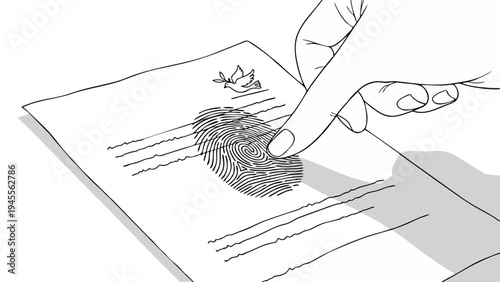 Conceptual Line Art of Fingerprint Authentication on Official Document for Security and Identity Verification