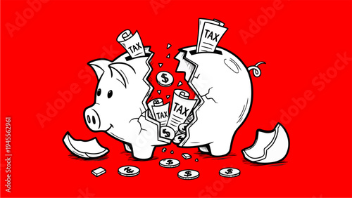 Broken Piggy Bank Illustration Tax Expenses Draining Savings and Financial Loss Concept
