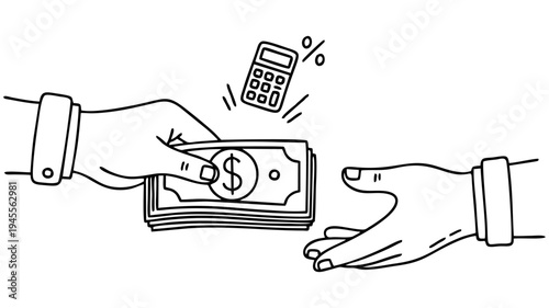 Hand drawn illustration of money exchange with calculator for finance debt and payment concepts
