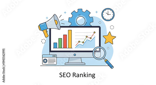 A computer screen displays a colorful bar graph and line chart surrounded by SEO ranking indicators and tools.