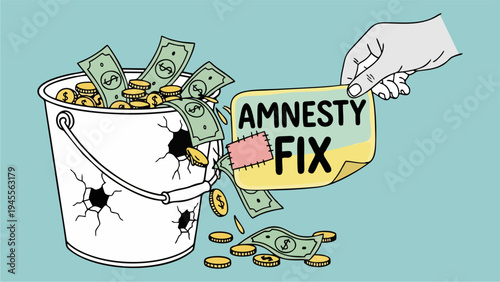 Illustration of Hand Plugging Leaky Money Bucket with Amnesty Fix Sign for Financial Policy Concept