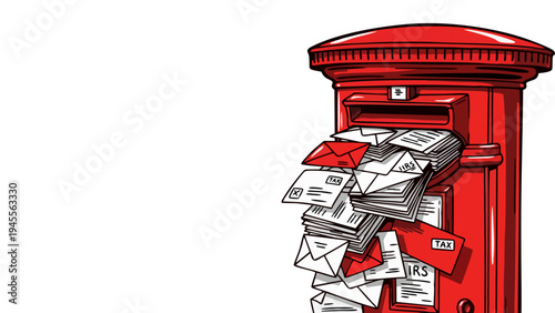 Overflowing British Red Pillar Post Box Illustration with White Space for Copy