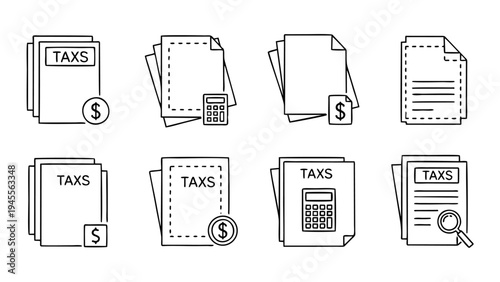 Set of Tax Document Icons Financial Paperwork Calculator and Money Symbol Outline Graphics