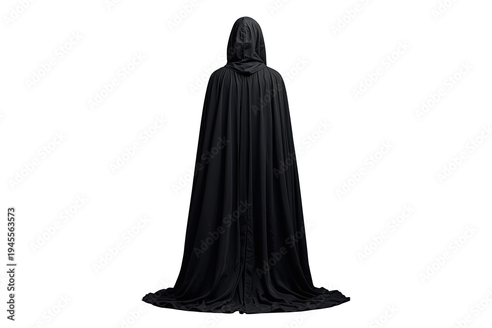 Naklejka premium Person wearing a long medieval or fantasy-style black cloak and hood, shot from the back. Transparent background