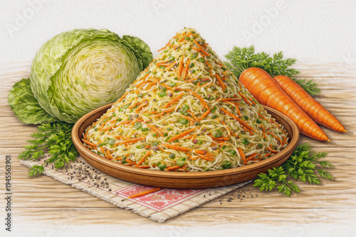 Fresh cabbage salad with shredded cabbage and carrots in a rustic bowl, detailed colored pencil illustration of healthy vegetable dish with natural ingredients on wooden table.