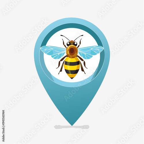 A stylized bee in a light blue ring on a white background
