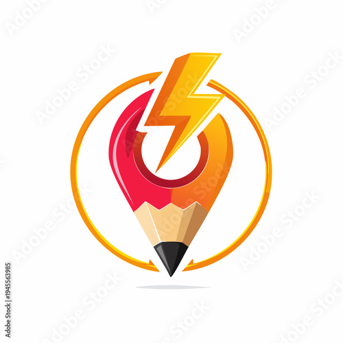 A bold, stylized graphic of a lightning bolt inside a circular frame