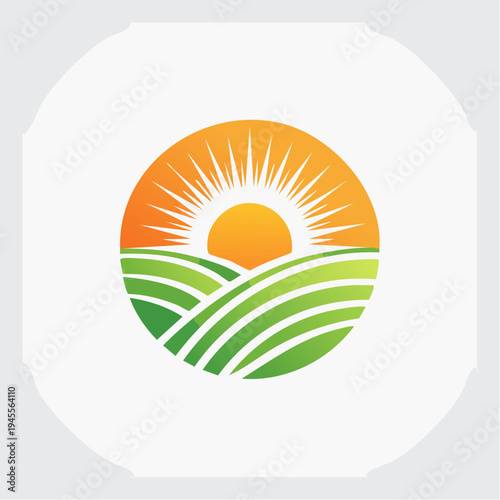 Semi-circle orange sun with rays over green field, on a white and gray background