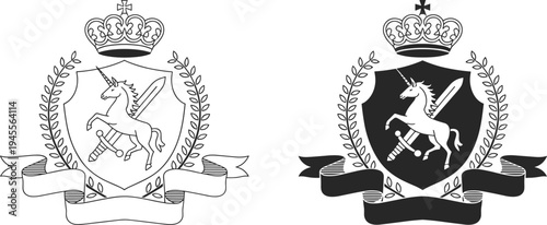 Elegant Heraldic Crest Set Featuring Unicorn and Sword with Royal Crown and Laurel Wreath in Vector Line Art and Silhouette Style for Premium Branding