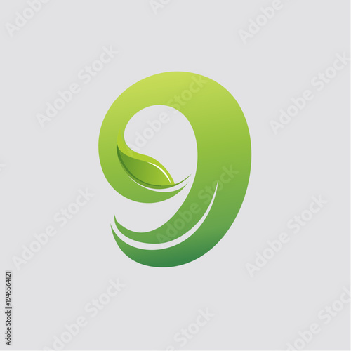 Abstract green leaf emerging from a stylized green arch on gray background