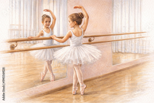 Young ballerina practicing at the barre in a dance studio, soft colored pencil illustration of a child in a white tutu learning classical ballet with her reflection in the mirror.