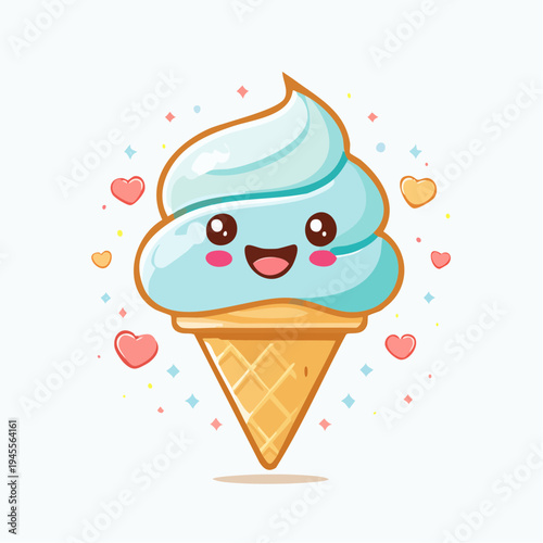 Cartoon dessert character with a cheerful face, hearts, and sparkles