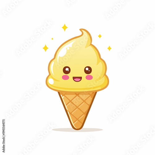 A cute, yellow emoji-like shape with brown eyes, and pink cheeks, shining