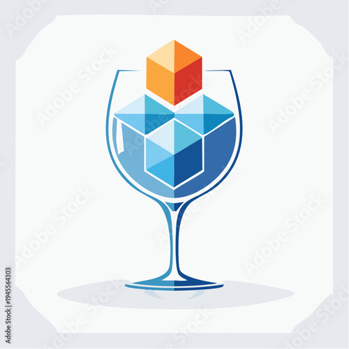 Geometric shapes in a glass, with an orange and red cube above blue cubes