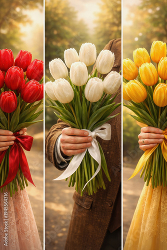 Three bouquets of tulips in red, white, and yellow held in hands with decorative ribbons, elegant spring flowers presented outdoors in warm natural light.