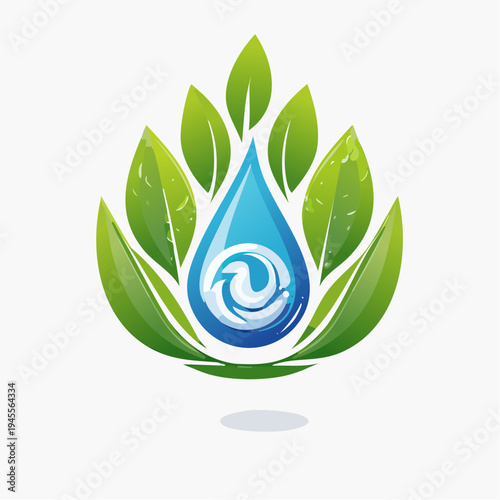 Composition showing green leaves surrounding a stylized blue water drop