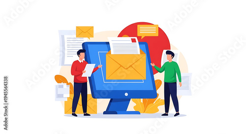 Two men interact with a large computer displaying an email on a colorful background with papers and shapes.