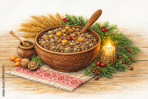 Traditional Christmas kutia with wheat, honey, poppy seeds and dried fruits in a rustic bowl, detailed colored pencil illustration of festive Slavic holiday dish with candle and wheat.