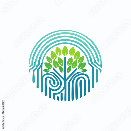 Abstract graphic with leaves, lines, and a semi-circular arc design