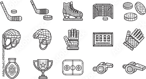 vectorfile pagIce Hockey Equipment Icons Set with Sticks, Puck, Skates, Helmet, Goal, Trophy and Rink Elementse