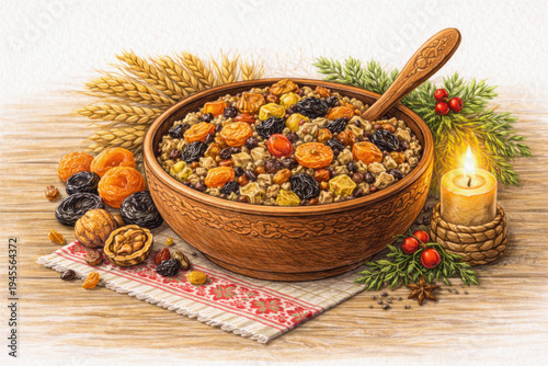 Traditional Christmas kutia with wheat, dried fruits and nuts in a wooden bowl, detailed colored pencil illustration of festive Slavic holiday food with candle and winter decor.