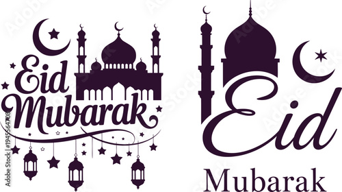 Two purple Eid Mubarak greeting designs featuring mosques crescent moons and decorative stars