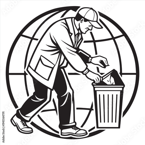 A cartoon illustration of a business person and a boy disposing of garbage into a vector sketch of a trash can among a group of people