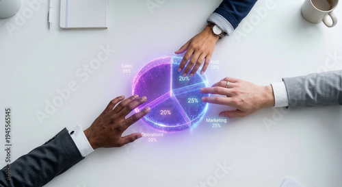 Diverse business team collaborating on a pie chart digital data visualization with glowing neon