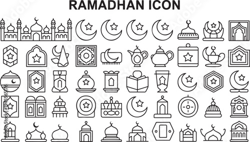 A comprehensive collection of outline icons representing various traditional symbols and elements of Ramadan