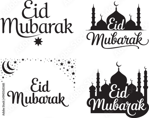 A set of four black Eid Mubarak greetings featuring mosque silhouettes stars and crescent moons