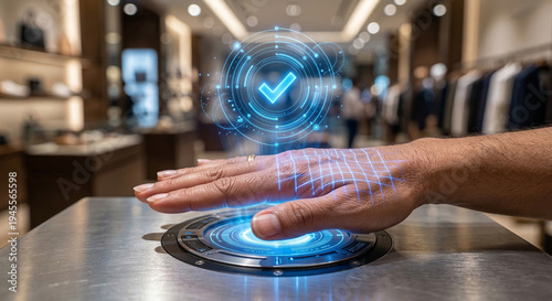 Human hand scanning over biometric reader with blue holographic grid and checkmark in retail store background