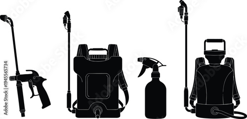Garden sprayer equipment silhouettes set including backpack sprayer, spray gun, nozzle wand and bottle, agricultural pest control vector illustration isolated on white background