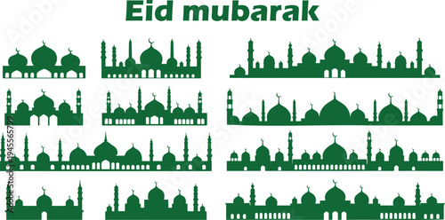 A striking collection of green mosque silhouettes with minarets and domes celebrating Eid Mubarak