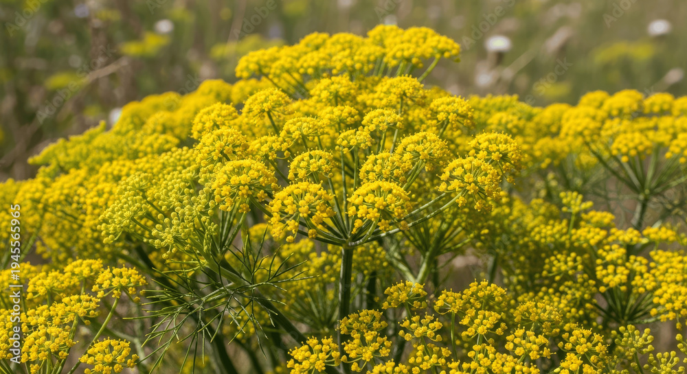 Obraz premium Golden Umbel Bloom Illustration with Radiating Floral Cluster, Elegant Botanical Flower Design Inspired by Nature