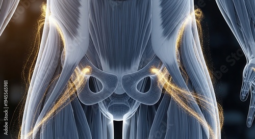 Detailed anatomical illustration of the human pelvic region with glowing nerve pathways, highlighting the complex structure of the hips and groin.