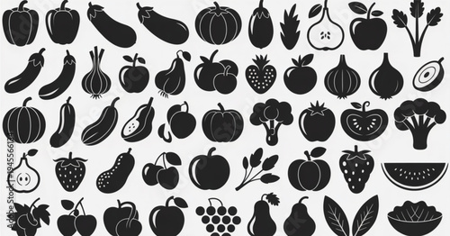 Fruits and Vegetables Silhouette Icon Set, Collection of Healthy Food Produce Including Apple, Pear, Pumpkin, Strawberry and Broccoli for Organic Nutrition Design