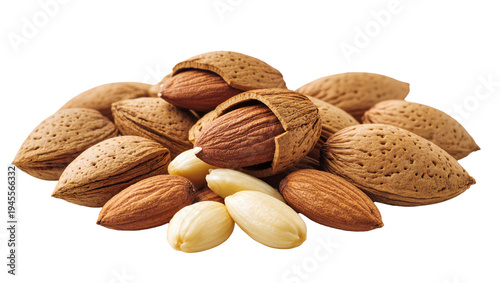 Isolated fresh raw almonds, a mix of whole in-shell and shelled nuts, healthy snack food