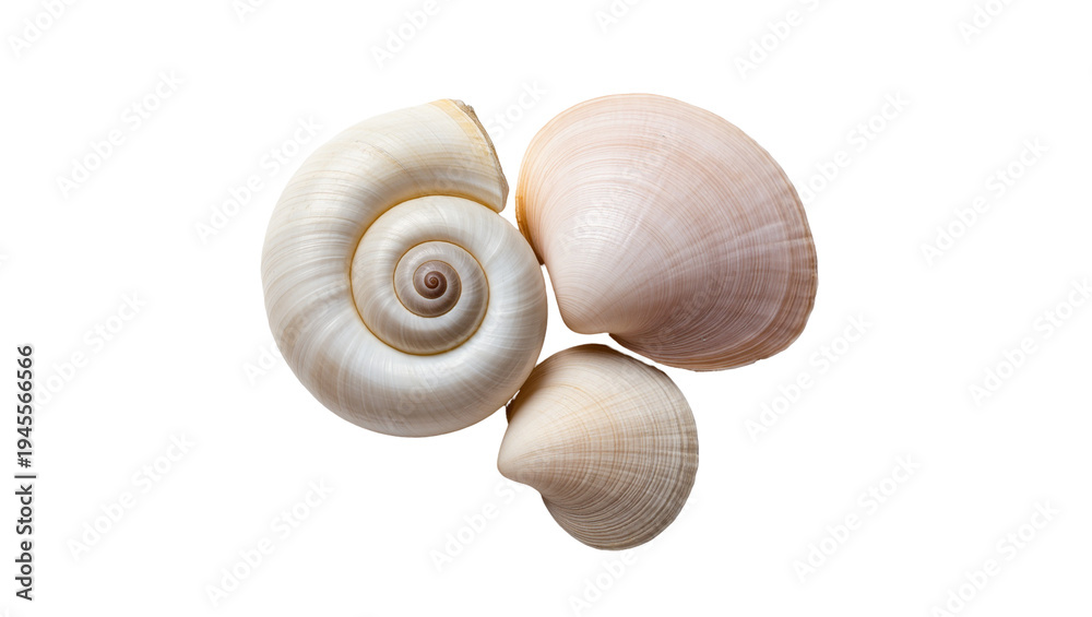 Isolated beautiful natural white and cream seashells of various shapes, elegant marine objects