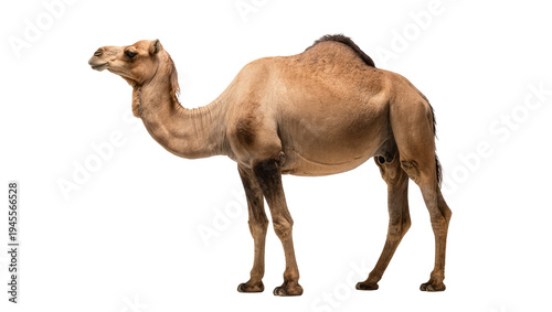 Isolated dromedary camel standing in full profile, majestic desert mammal, natural pose