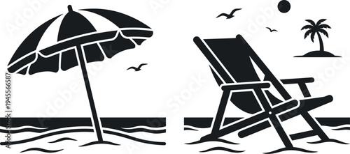 Summer Vacation Beach Scene Icon Set Featuring Tropical Umbrella and Sun Lounger with Palm Tree and Ocean Waves Silhouette Illustrations
