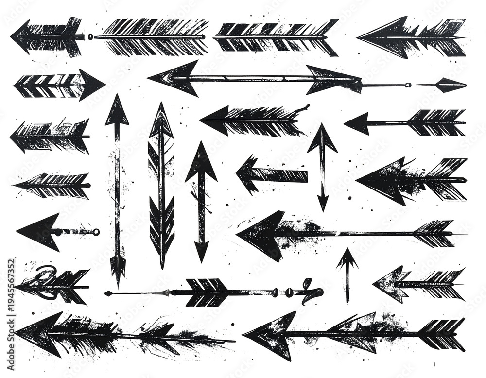 Fototapeta premium Assorted arrow symbol designs with rough texture and ink splatter