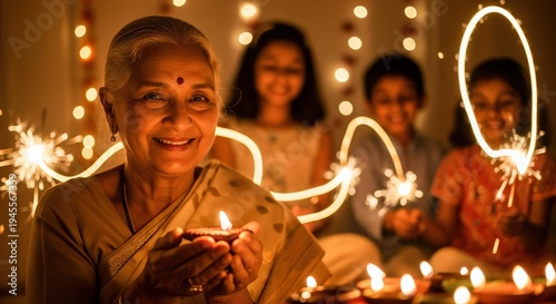 Senior Indian grandmother holding oil lamp with grandchildren celebrating festival of lights