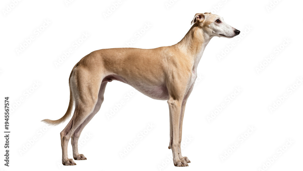 Obraz premium Isolated elegant fawn Whippet dog standing calmly in profile, looking gracefully