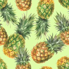 Papier peint photo Jungle Ananas motif continu fond vert doux  © Olena
