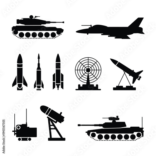 A collection of black silhouettes of various military vehicles and weapons