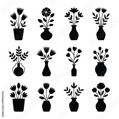 A collection of black silhouettes of flowers in vases on a white background